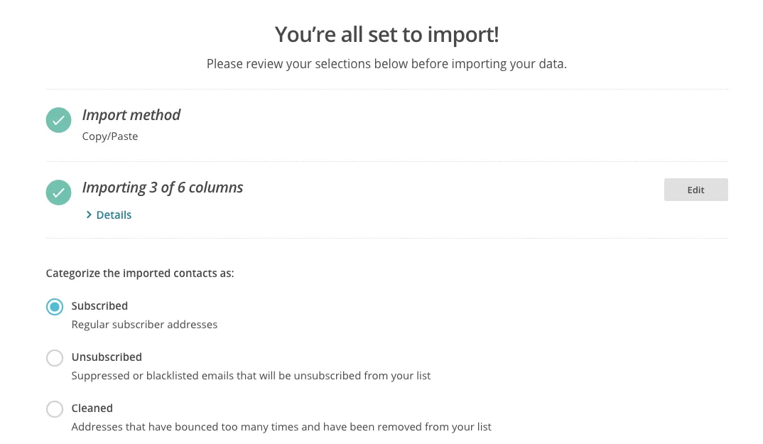 importing to mailchimp final screen